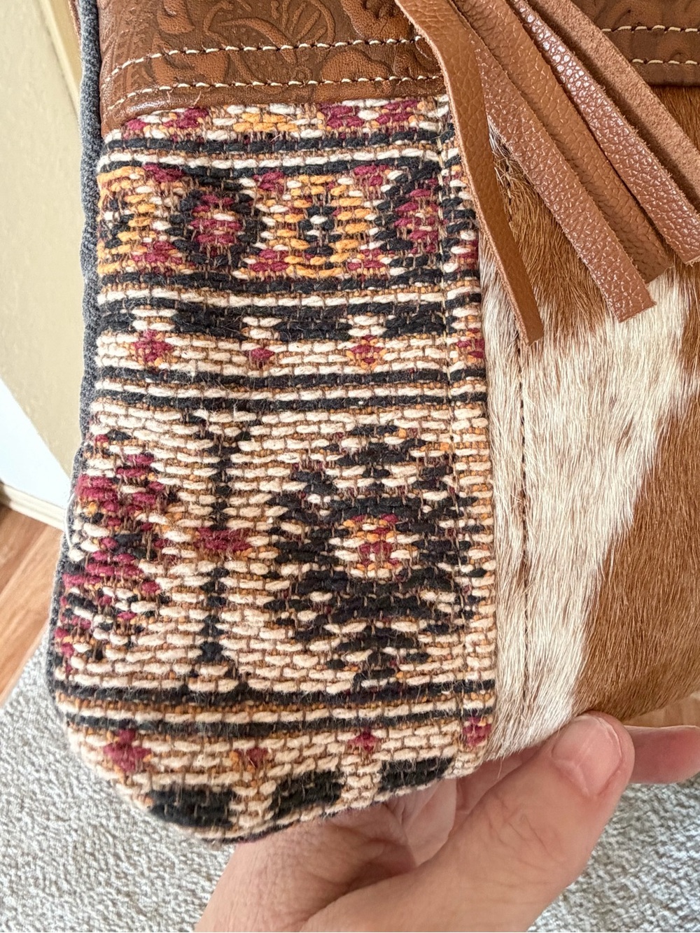 Myra Bag Brown Multi Patchwork Crossbody with Cowhide & Leather Trim Aztec Print - Picture 6 of 13